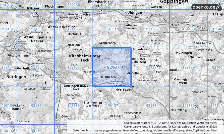 Übersichtskarte des KOSTRA-DWD-2020-Rasterfeldes Nr. 192137
