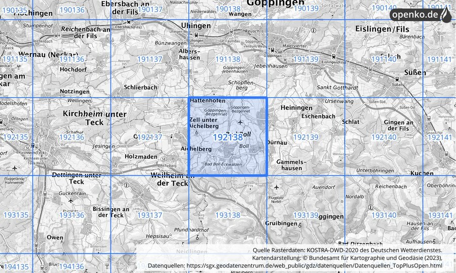 Übersichtskarte des KOSTRA-DWD-2020-Rasterfeldes Nr. 192138