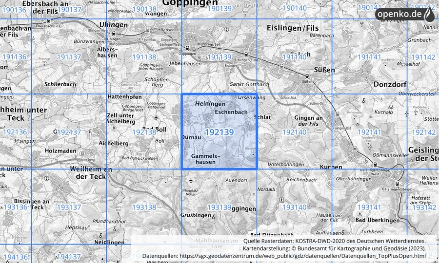 Übersichtskarte des KOSTRA-DWD-2020-Rasterfeldes Nr. 192139