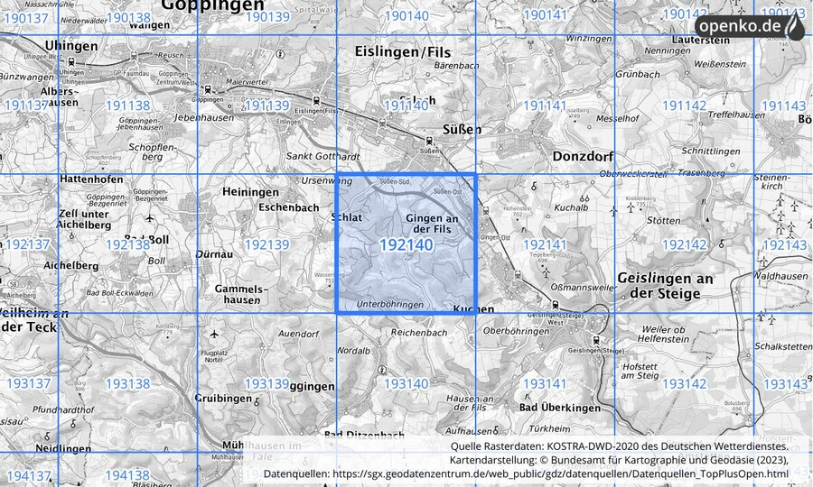 Übersichtskarte des KOSTRA-DWD-2020-Rasterfeldes Nr. 192140