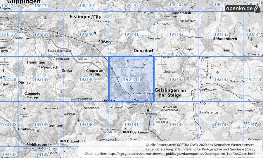 Übersichtskarte des KOSTRA-DWD-2020-Rasterfeldes Nr. 192141