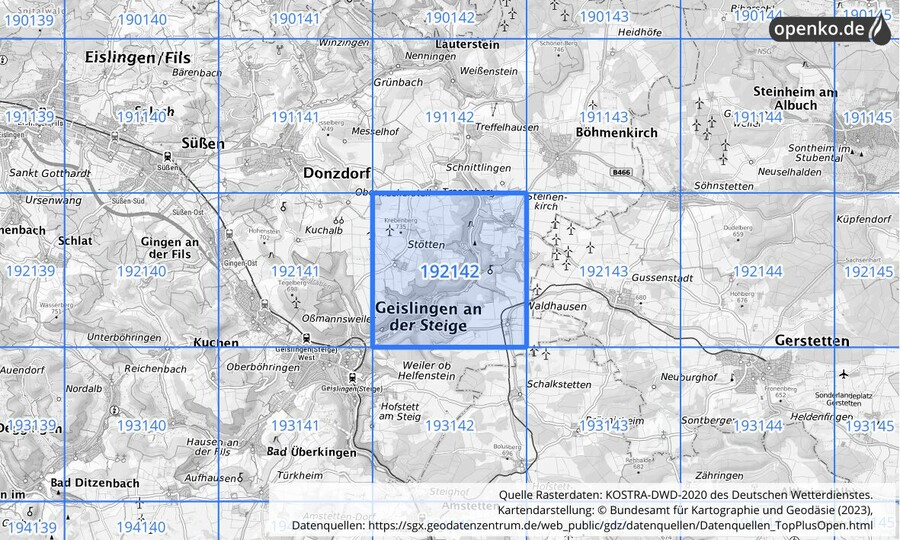 Übersichtskarte des KOSTRA-DWD-2020-Rasterfeldes Nr. 192142