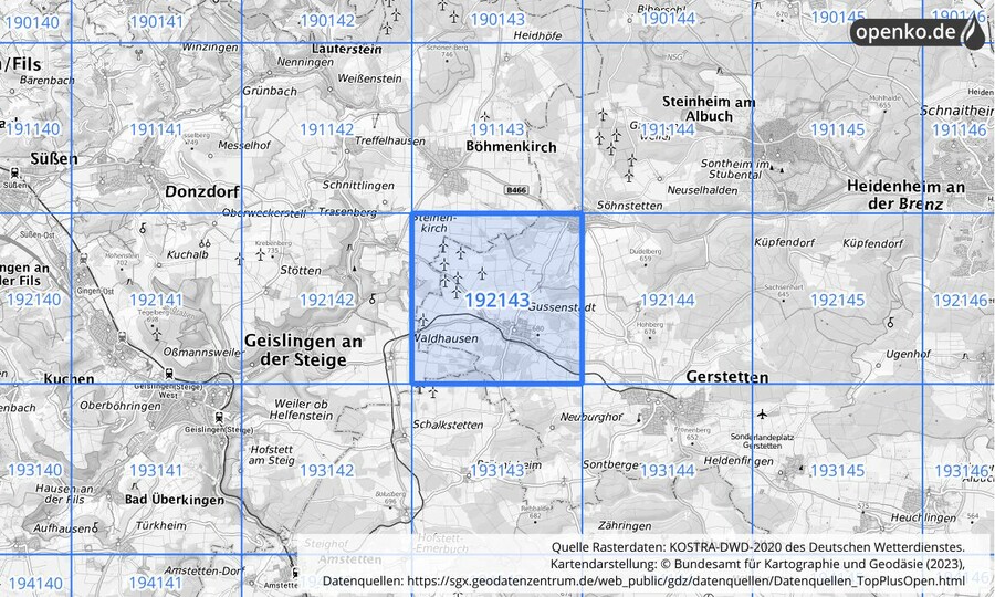 Übersichtskarte des KOSTRA-DWD-2020-Rasterfeldes Nr. 192143