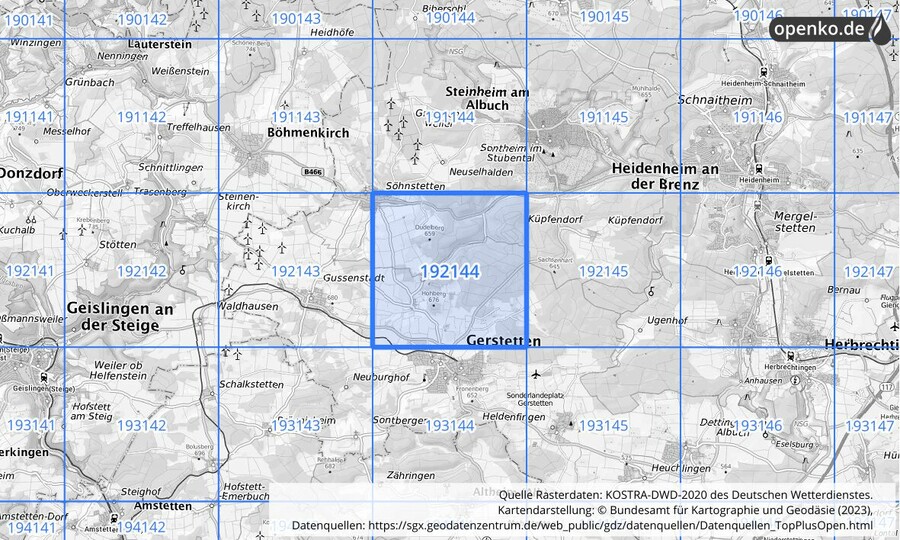 Übersichtskarte des KOSTRA-DWD-2020-Rasterfeldes Nr. 192144