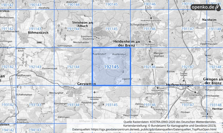 Übersichtskarte des KOSTRA-DWD-2020-Rasterfeldes Nr. 192145