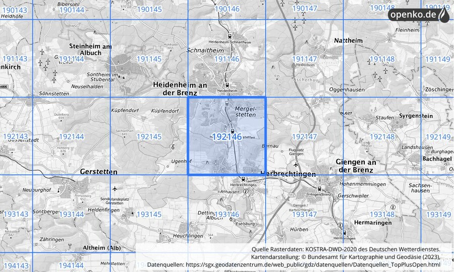Übersichtskarte des KOSTRA-DWD-2020-Rasterfeldes Nr. 192146