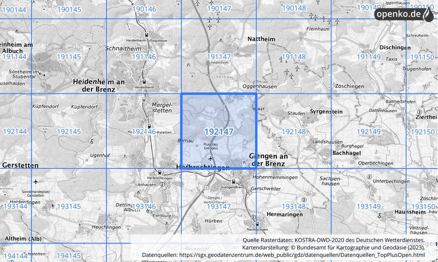 Übersichtskarte des KOSTRA-DWD-2020-Rasterfeldes Nr. 192147