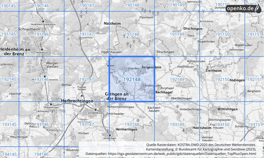 Übersichtskarte des KOSTRA-DWD-2020-Rasterfeldes Nr. 192148