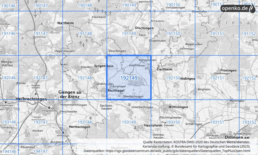 Übersichtskarte des KOSTRA-DWD-2020-Rasterfeldes Nr. 192149