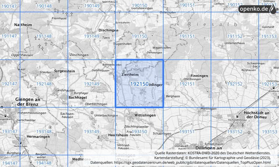 Übersichtskarte des KOSTRA-DWD-2020-Rasterfeldes Nr. 192150