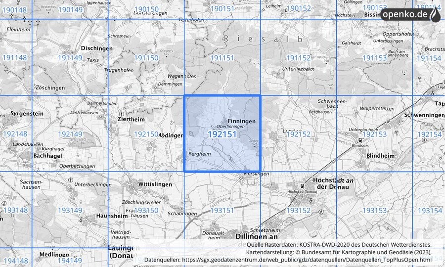 Übersichtskarte des KOSTRA-DWD-2020-Rasterfeldes Nr. 192151