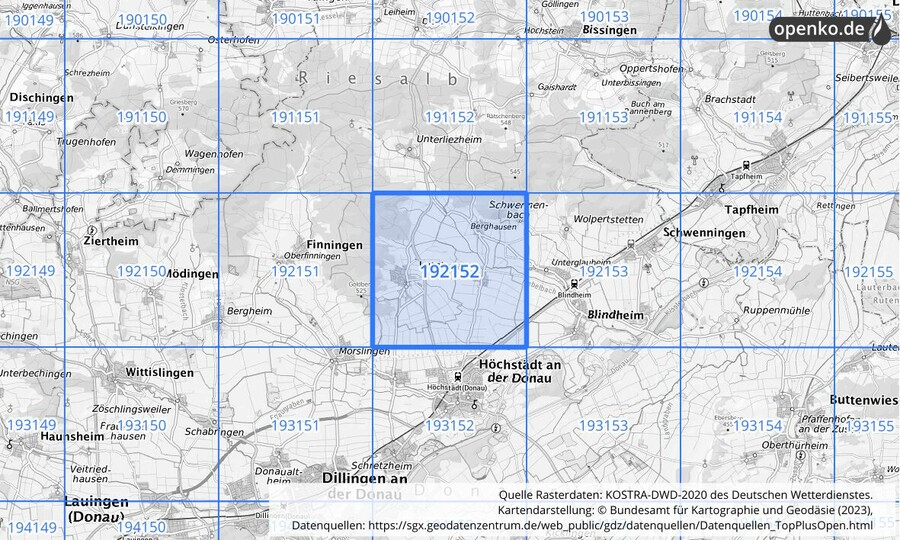 Übersichtskarte des KOSTRA-DWD-2020-Rasterfeldes Nr. 192152