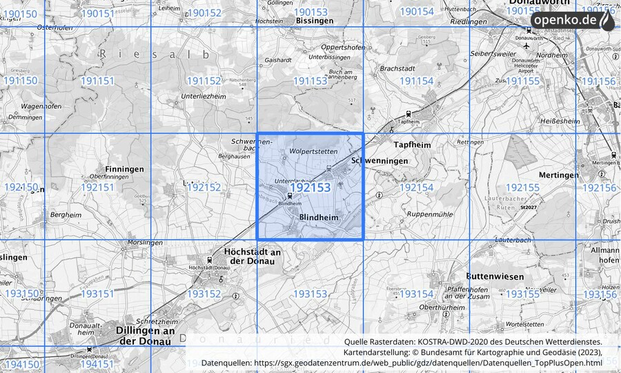 Übersichtskarte des KOSTRA-DWD-2020-Rasterfeldes Nr. 192153