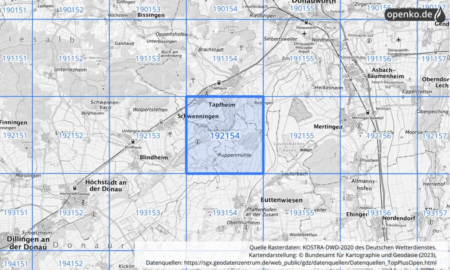 Übersichtskarte des KOSTRA-DWD-2020-Rasterfeldes Nr. 192154
