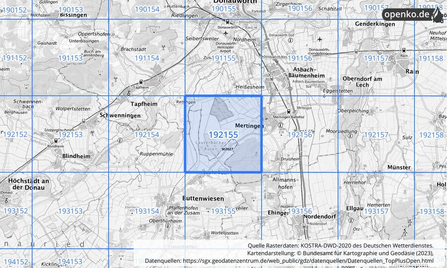 Übersichtskarte des KOSTRA-DWD-2020-Rasterfeldes Nr. 192155