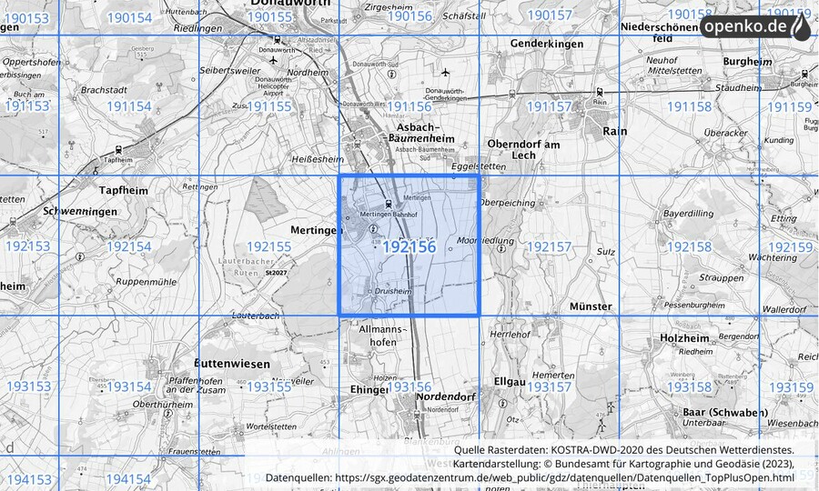 Übersichtskarte des KOSTRA-DWD-2020-Rasterfeldes Nr. 192156