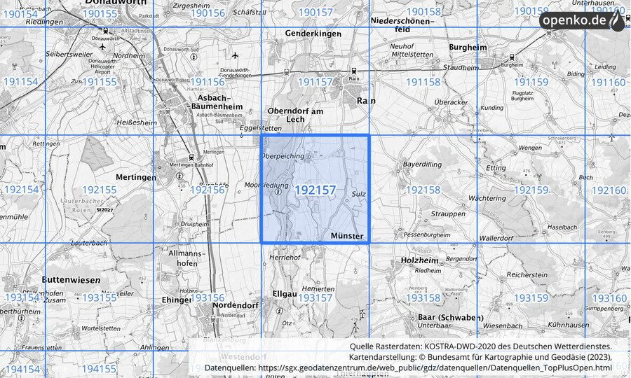 Übersichtskarte des KOSTRA-DWD-2020-Rasterfeldes Nr. 192157