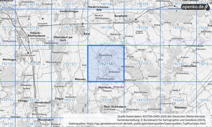 Übersichtskarte des KOSTRA-DWD-2020-Rasterfeldes Nr. 192158