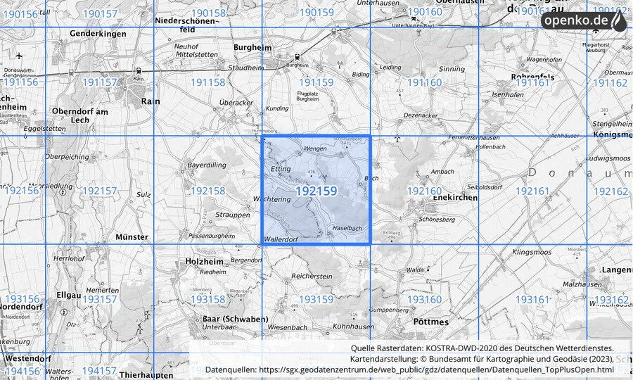 Übersichtskarte des KOSTRA-DWD-2020-Rasterfeldes Nr. 192159