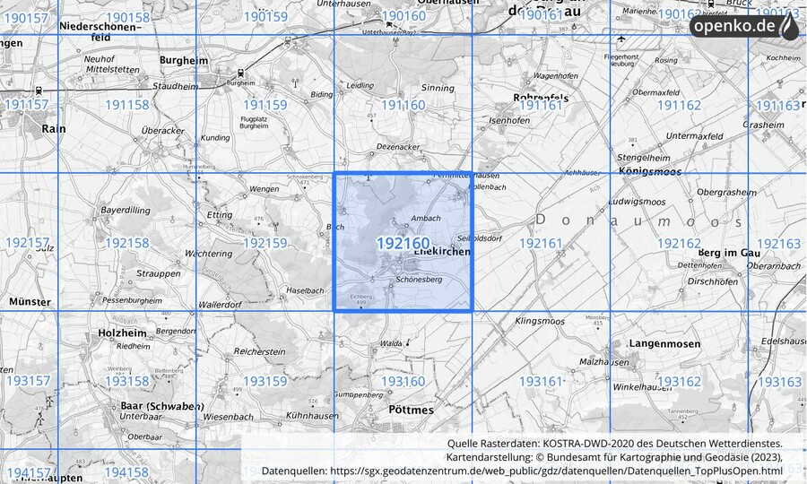 Übersichtskarte des KOSTRA-DWD-2020-Rasterfeldes Nr. 192160