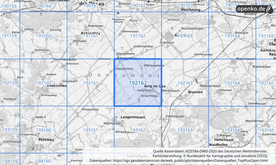 Übersichtskarte des KOSTRA-DWD-2020-Rasterfeldes Nr. 192162