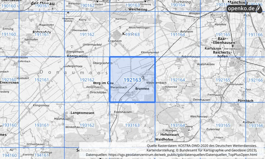 Übersichtskarte des KOSTRA-DWD-2020-Rasterfeldes Nr. 192163