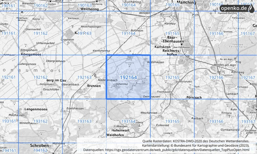 Übersichtskarte des KOSTRA-DWD-2020-Rasterfeldes Nr. 192164