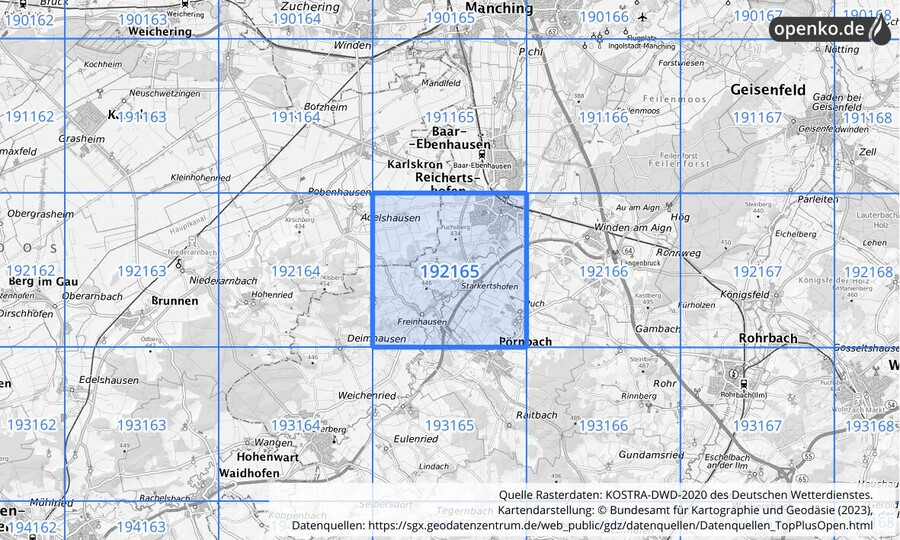 Übersichtskarte des KOSTRA-DWD-2020-Rasterfeldes Nr. 192165