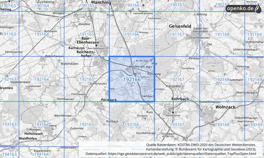 Übersichtskarte des KOSTRA-DWD-2020-Rasterfeldes Nr. 192166