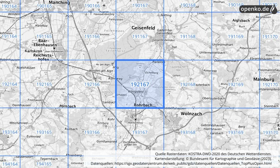 Übersichtskarte des KOSTRA-DWD-2020-Rasterfeldes Nr. 192167