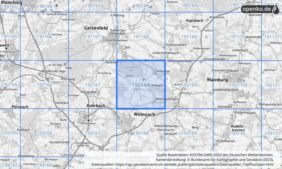 Übersichtskarte des KOSTRA-DWD-2020-Rasterfeldes Nr. 192168