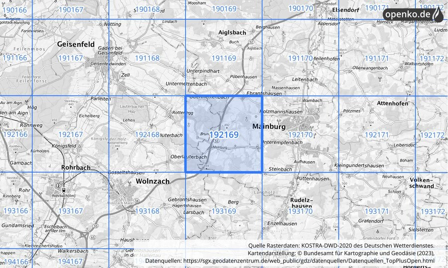 Übersichtskarte des KOSTRA-DWD-2020-Rasterfeldes Nr. 192169