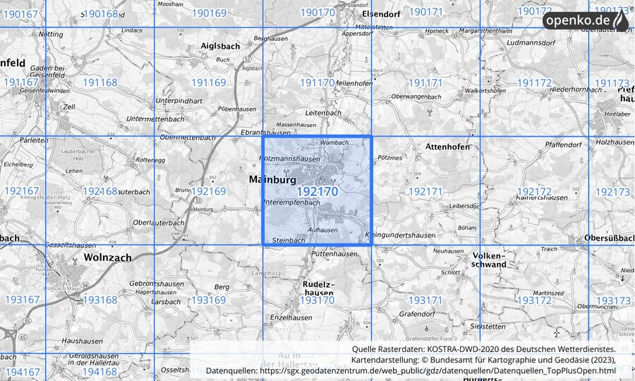 Übersichtskarte des KOSTRA-DWD-2020-Rasterfeldes Nr. 192170