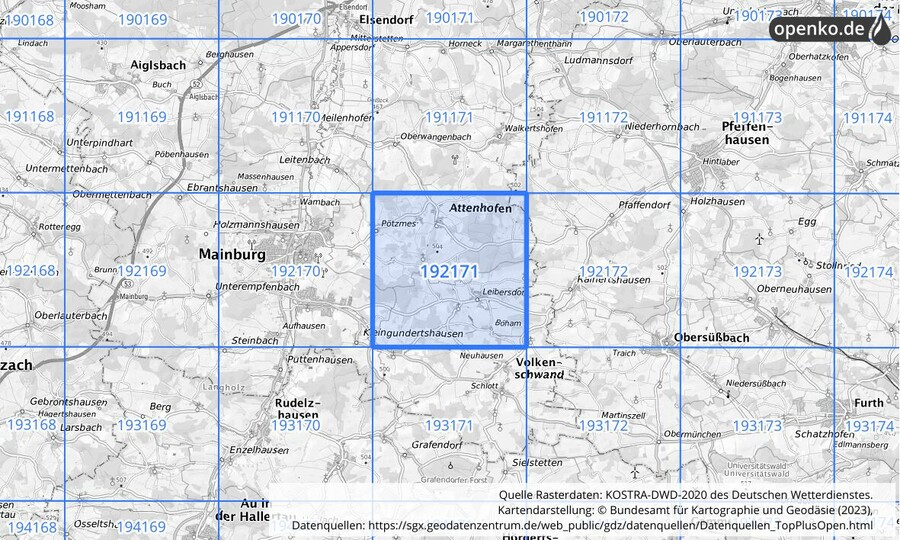 Übersichtskarte des KOSTRA-DWD-2020-Rasterfeldes Nr. 192171