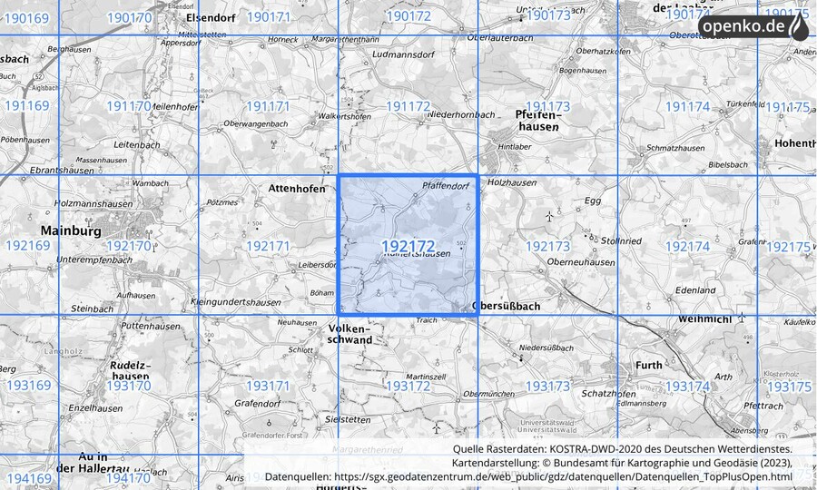 Übersichtskarte des KOSTRA-DWD-2020-Rasterfeldes Nr. 192172