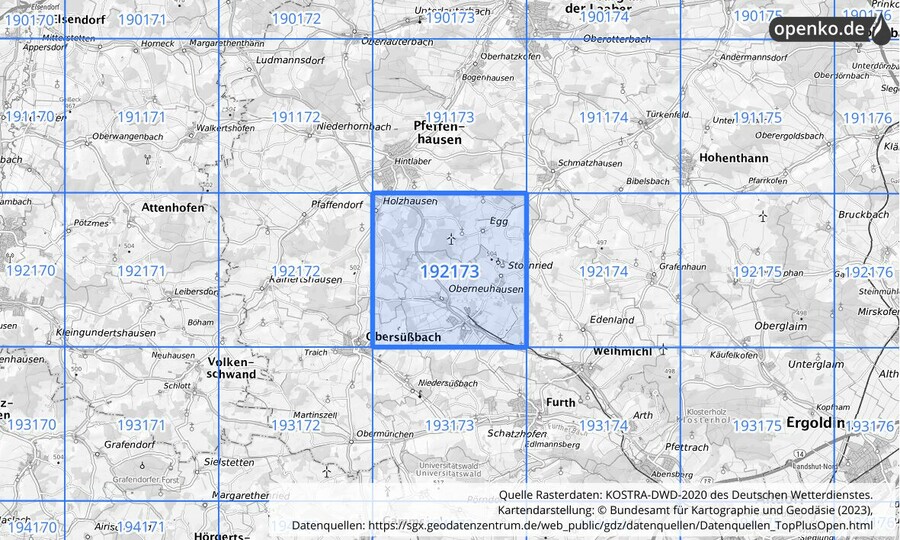 Übersichtskarte des KOSTRA-DWD-2020-Rasterfeldes Nr. 192173