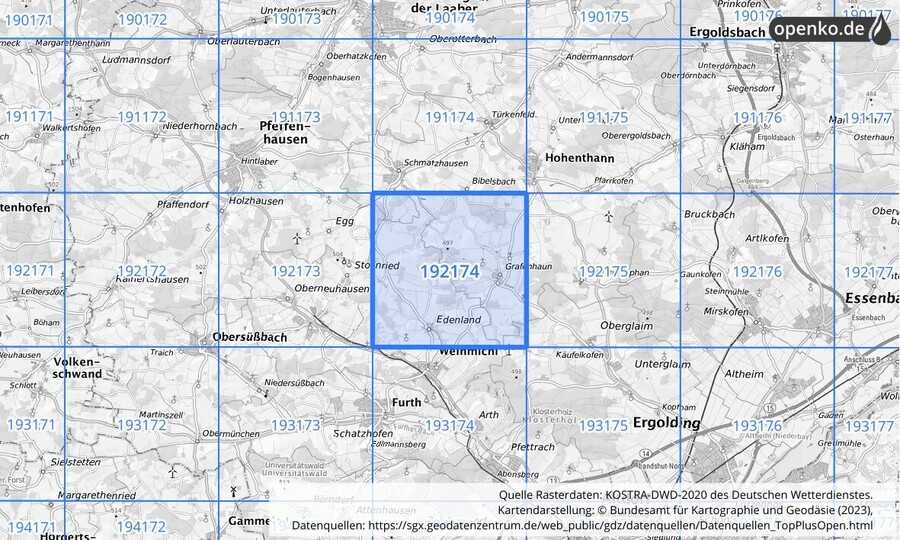 Übersichtskarte des KOSTRA-DWD-2020-Rasterfeldes Nr. 192174