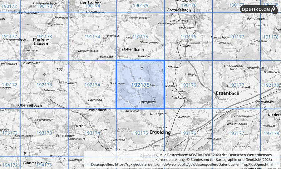 Übersichtskarte des KOSTRA-DWD-2020-Rasterfeldes Nr. 192175
