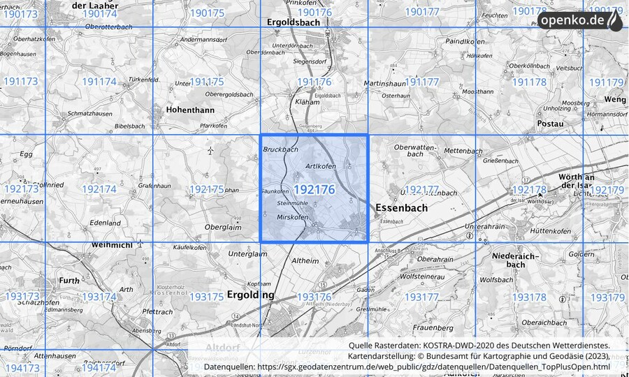 Übersichtskarte des KOSTRA-DWD-2020-Rasterfeldes Nr. 192176