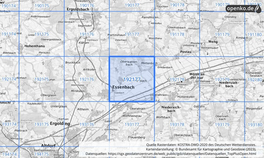 Übersichtskarte des KOSTRA-DWD-2020-Rasterfeldes Nr. 192177