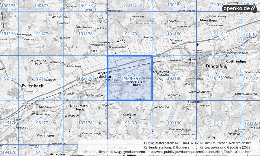 Übersichtskarte des KOSTRA-DWD-2020-Rasterfeldes Nr. 192179