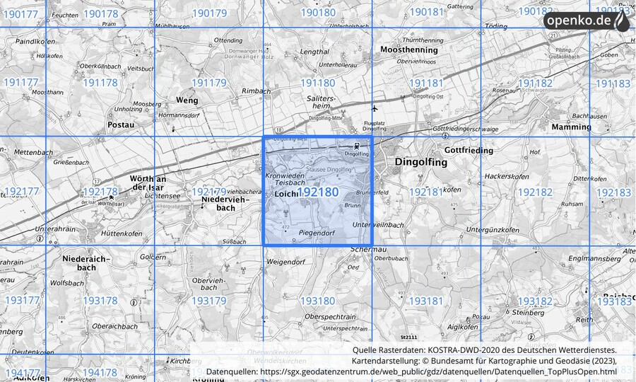 Übersichtskarte des KOSTRA-DWD-2020-Rasterfeldes Nr. 192180