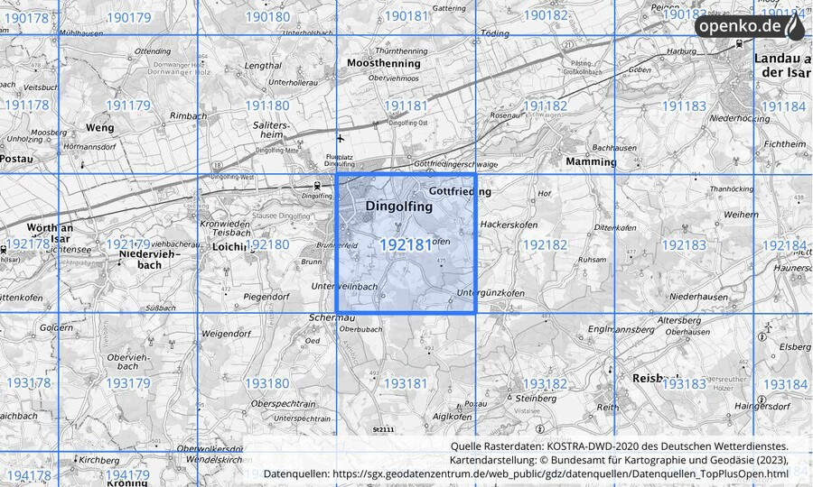 Übersichtskarte des KOSTRA-DWD-2020-Rasterfeldes Nr. 192181
