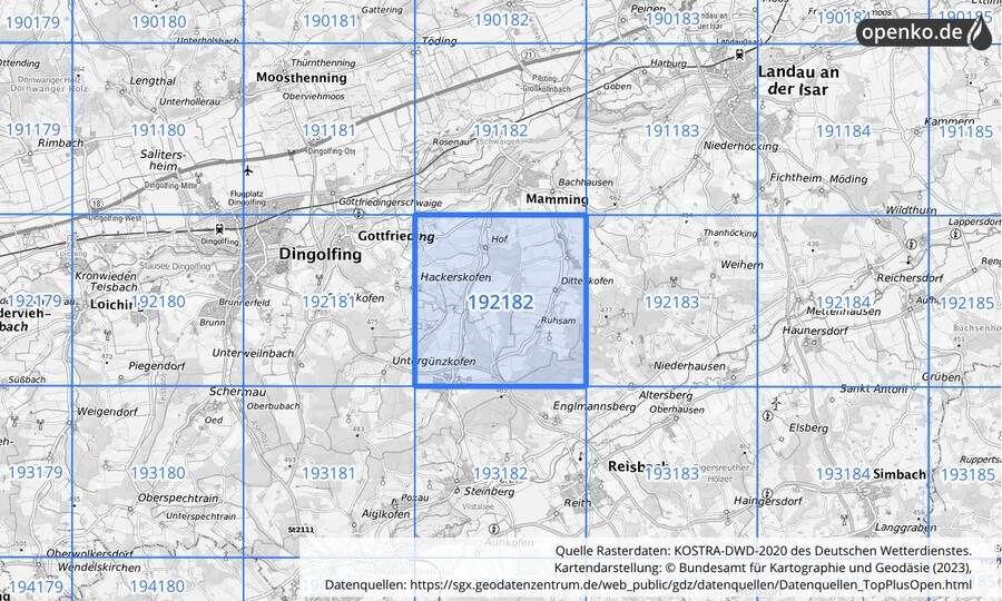 Übersichtskarte des KOSTRA-DWD-2020-Rasterfeldes Nr. 192182