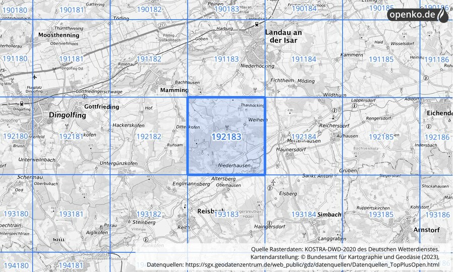 Übersichtskarte des KOSTRA-DWD-2020-Rasterfeldes Nr. 192183