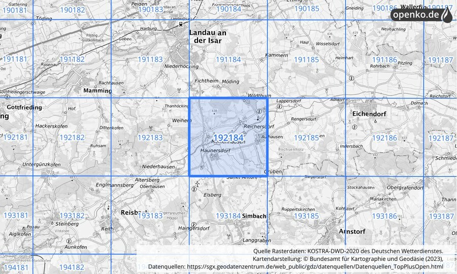 Übersichtskarte des KOSTRA-DWD-2020-Rasterfeldes Nr. 192184