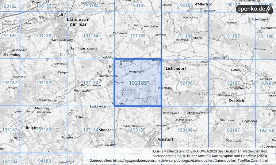 Übersichtskarte des KOSTRA-DWD-2020-Rasterfeldes Nr. 192185