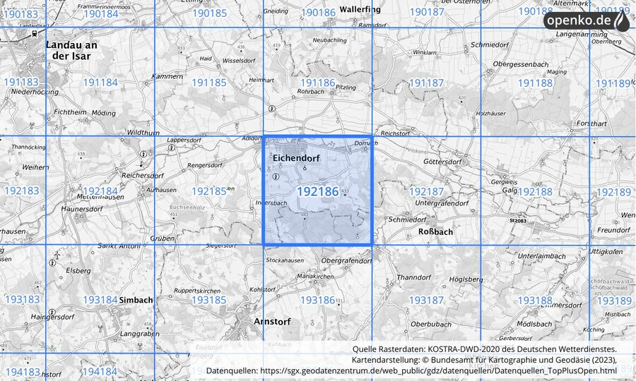 Übersichtskarte des KOSTRA-DWD-2020-Rasterfeldes Nr. 192186