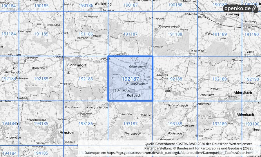 Übersichtskarte des KOSTRA-DWD-2020-Rasterfeldes Nr. 192187