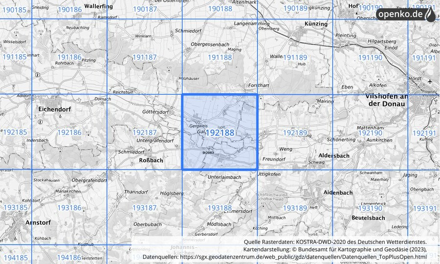 Übersichtskarte des KOSTRA-DWD-2020-Rasterfeldes Nr. 192188